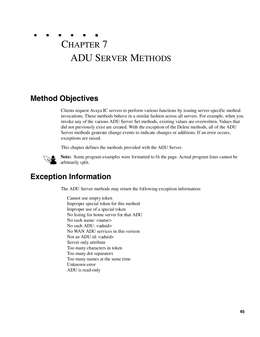 Avaya DXX-1015-01 manual Chapter ADU Server Methods, Method Objectives, Exception Information 