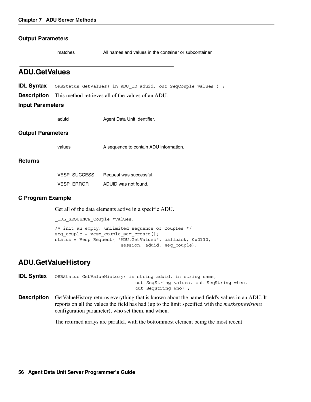 Avaya DXX-1015-01 manual ADU.GetValues, ADU.GetValueHistory 