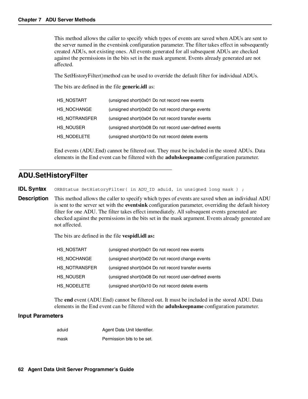 Avaya DXX-1015-01 manual ADU.SetHistoryFilter, Hsnostart Hsnochange Hsnotransfer Hsnouser Hsnodelete 