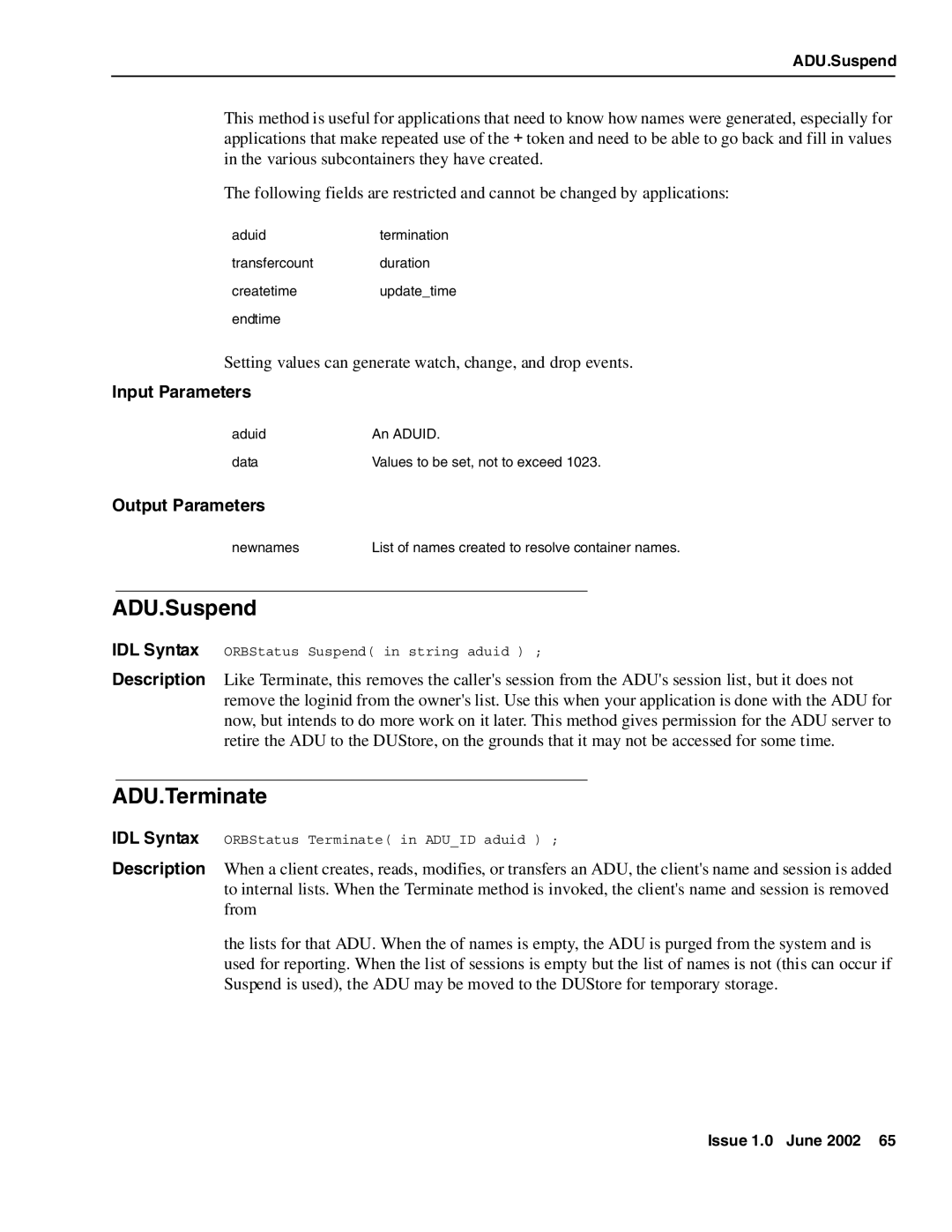 Avaya DXX-1015-01 manual ADU.Suspend, ADU.Terminate 