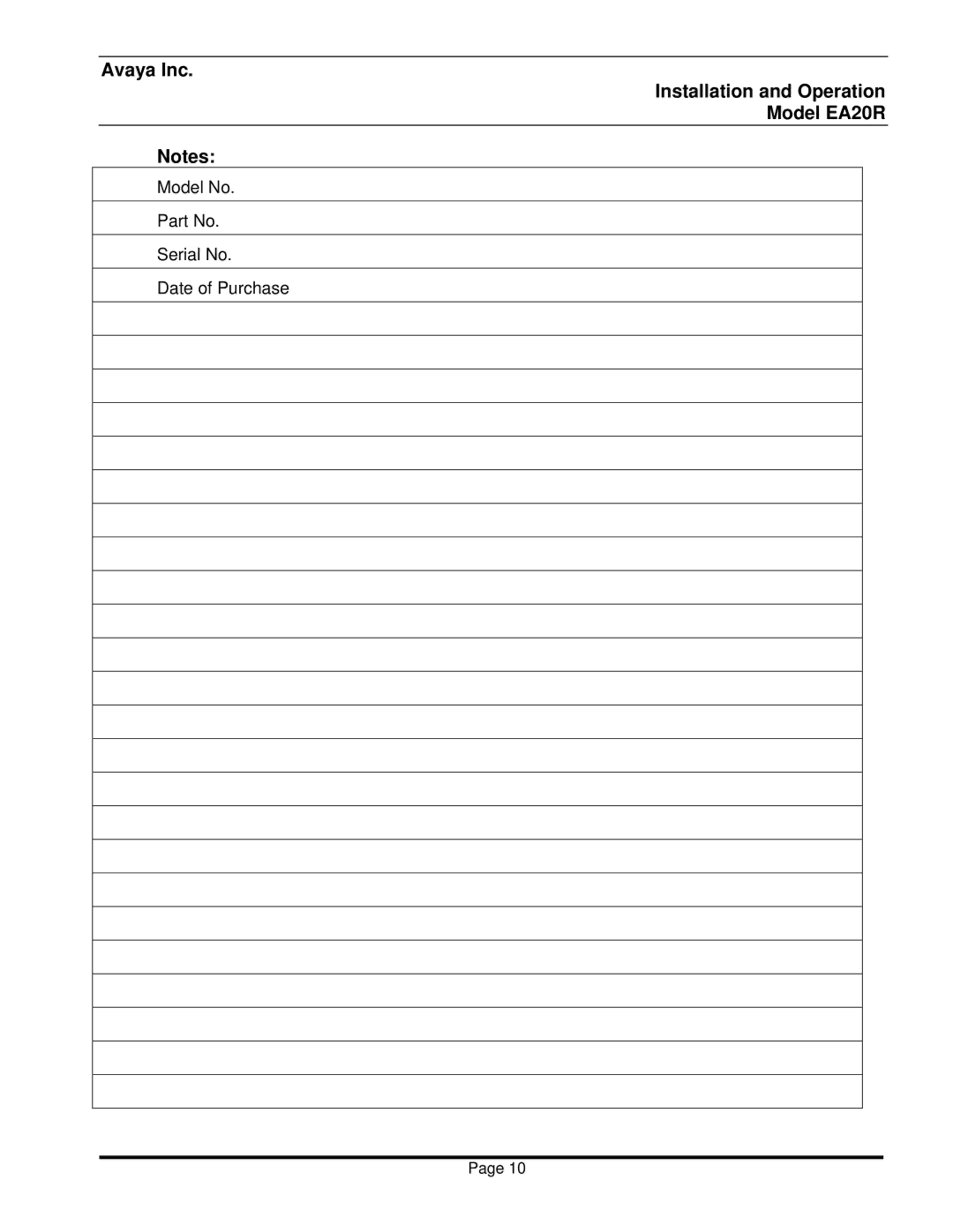 Avaya EA20R manual Model No Serial No Date of Purchase 