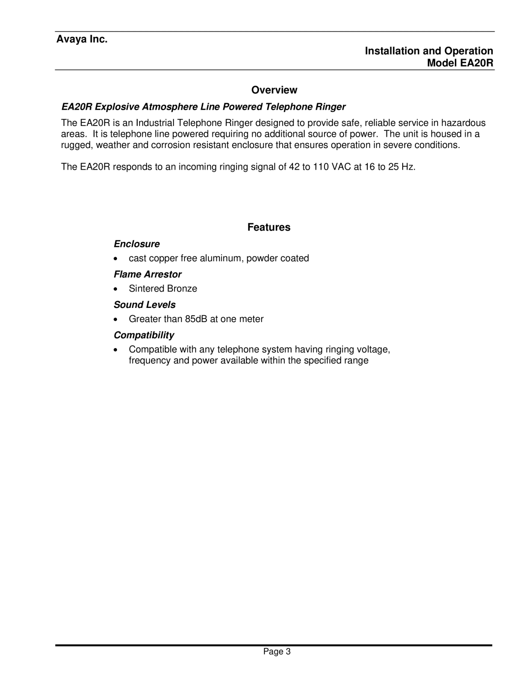 Avaya manual Avaya Inc Installation and Operation Model EA20R Overview, Features 