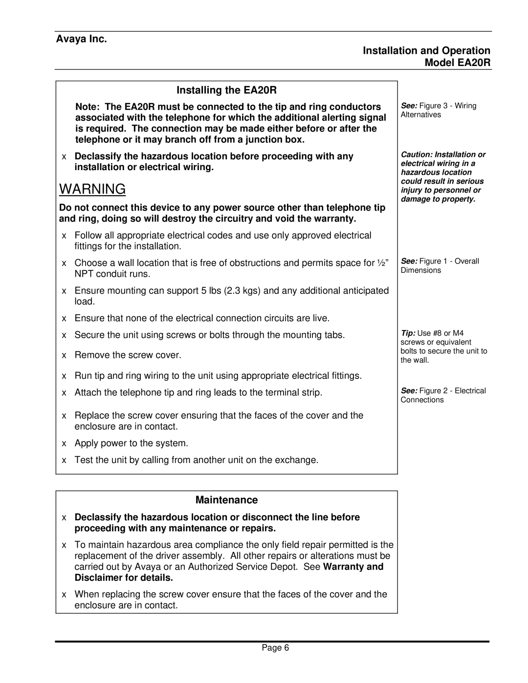 Avaya EA20R manual Maintenance, Disclaimer for details 