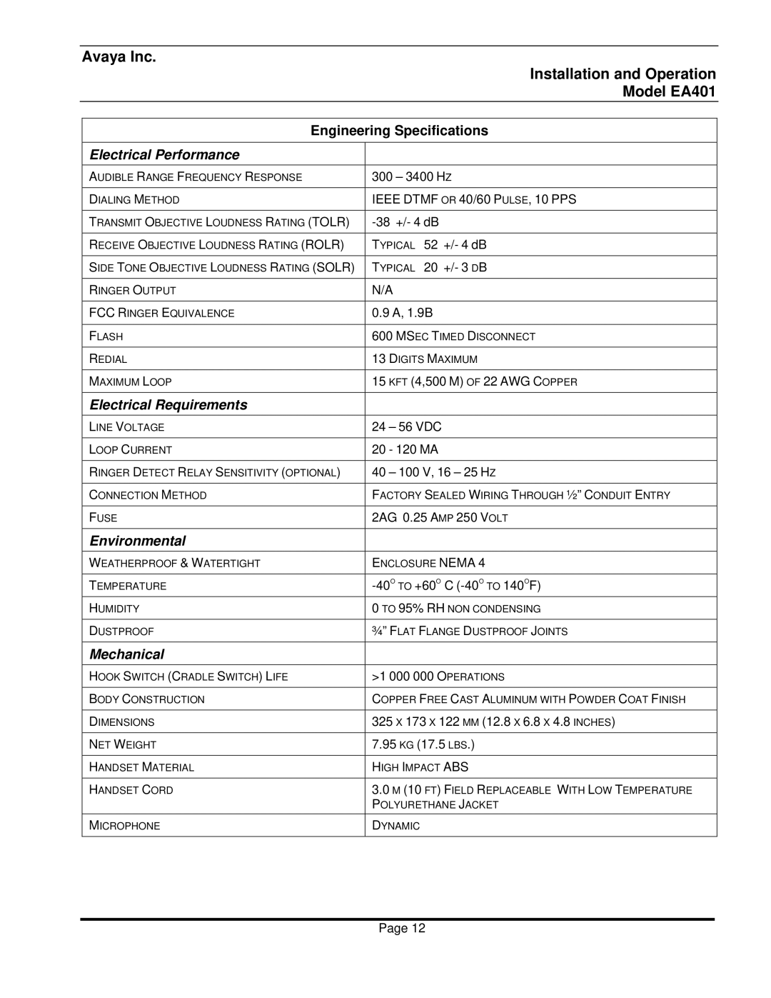 Avaya EA401 warranty Electrical Performance, Electrical Requirements, Environmental, Mechanical 