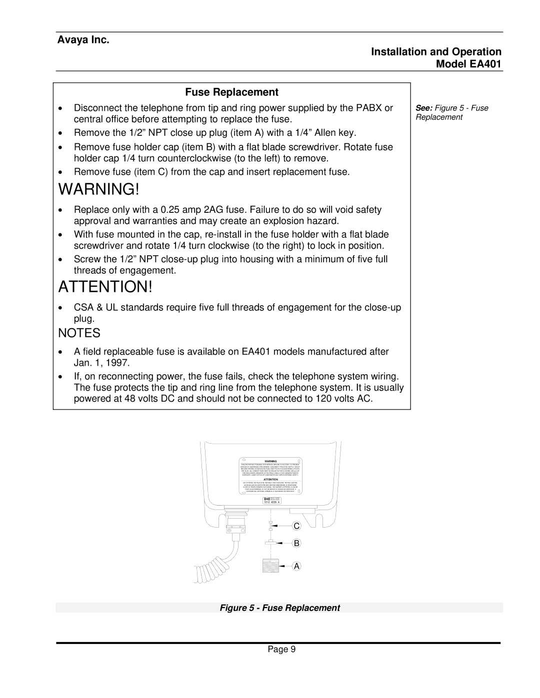 Avaya EA401 warranty Fuse Replacement 