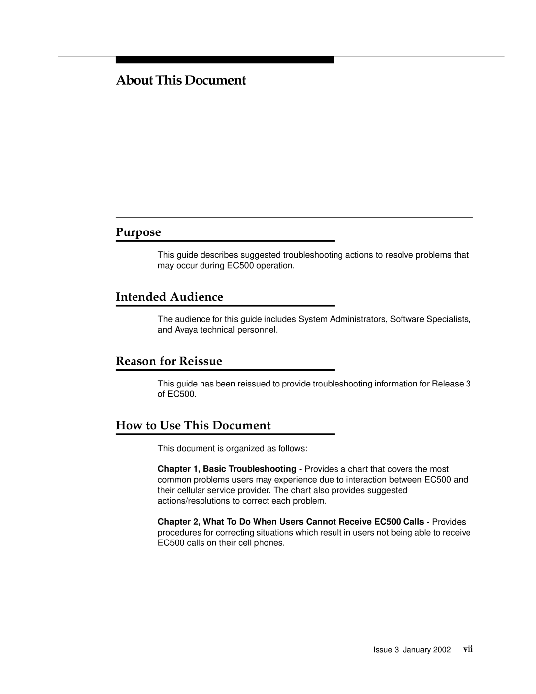 Avaya EC500 manual About This Document, Purpose, Intended Audience, Reason for Reissue, How to Use This Document 