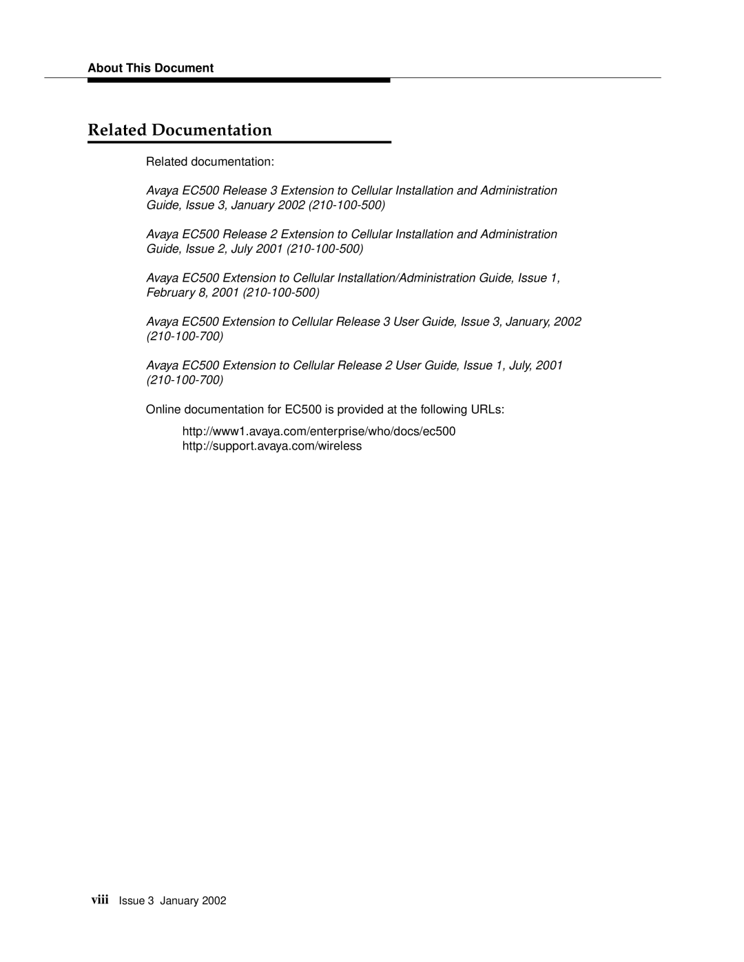 Avaya EC500 manual Related Documentation, About This Document 