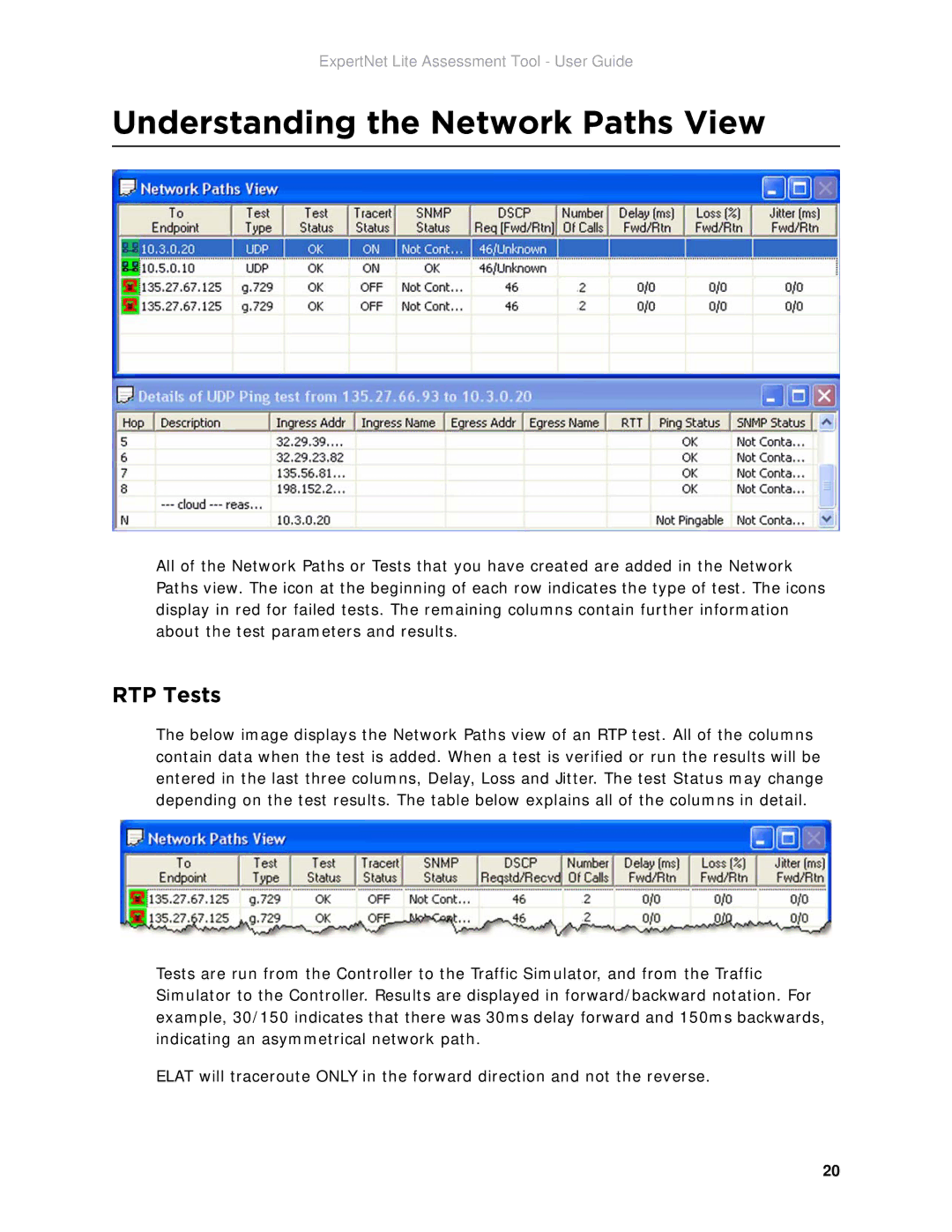 Avaya ELAT manual Understanding the Network Paths View, RTP Tests 