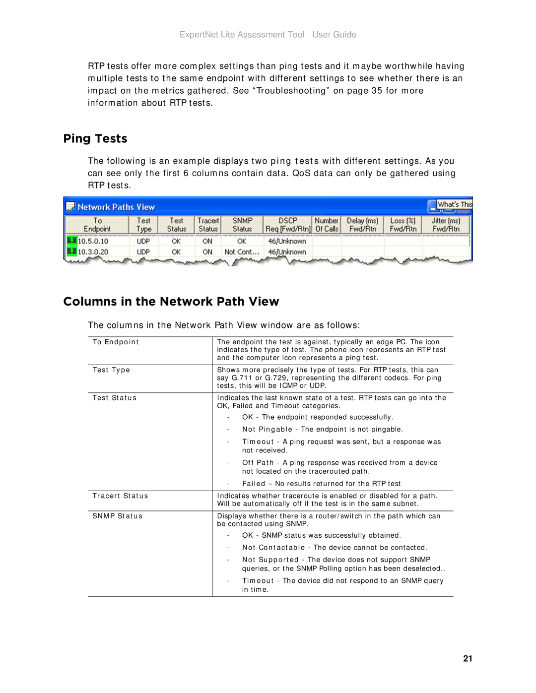 Avaya ELAT manual Ping Tests, Columns in the Network Path View 