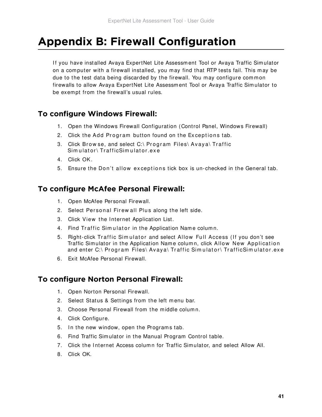 Avaya ELAT manual Appendix B Firewall Configuration, To configure Windows Firewall, To configure McAfee Personal Firewall 