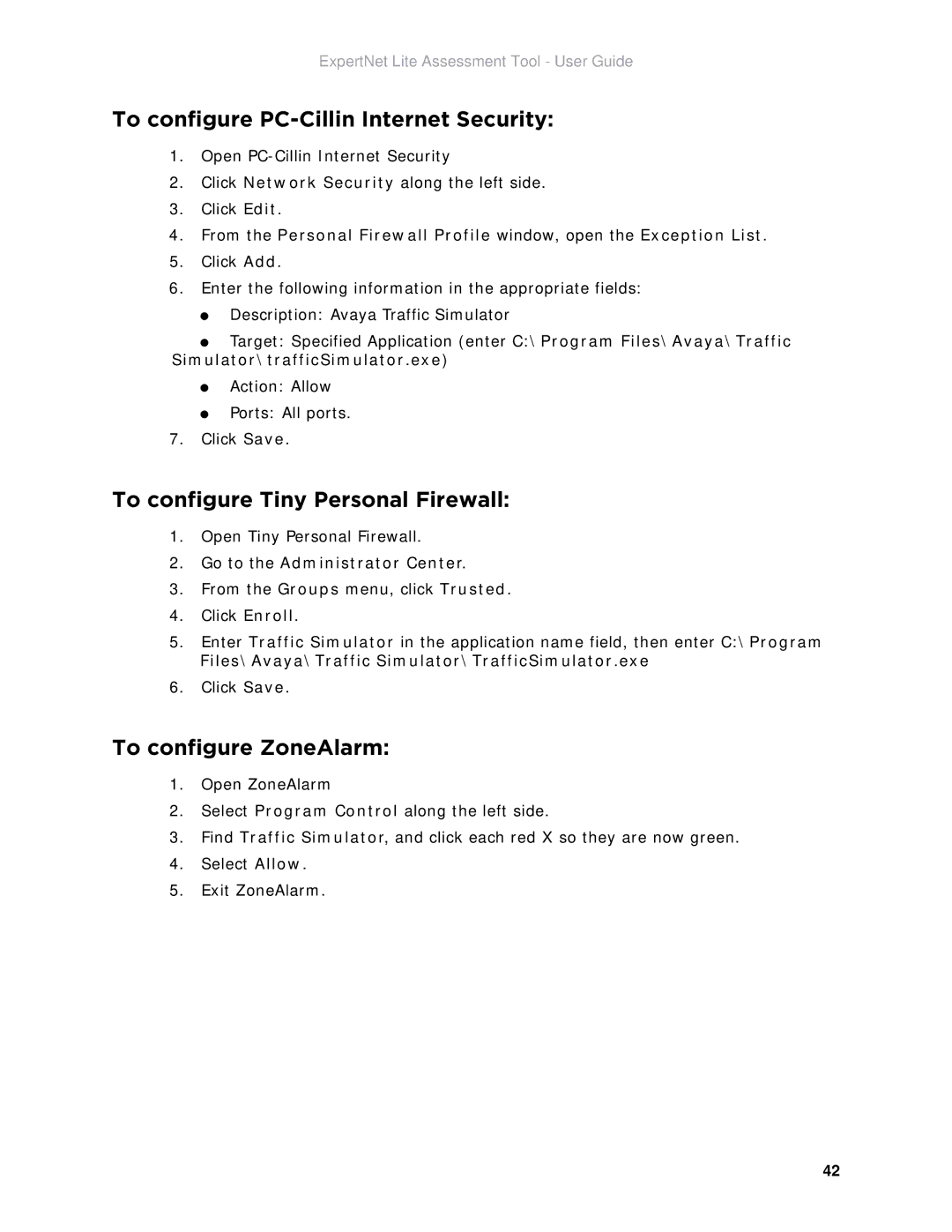 Avaya ELAT manual To configure PC-Cillin Internet Security, To configure Tiny Personal Firewall, To configure ZoneAlarm 