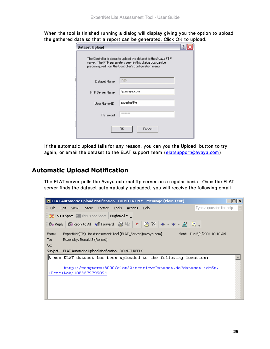 Avaya ELAT manual Automatic Upload Notification, ExpertNet Lite Assessment Tool - User Guide 