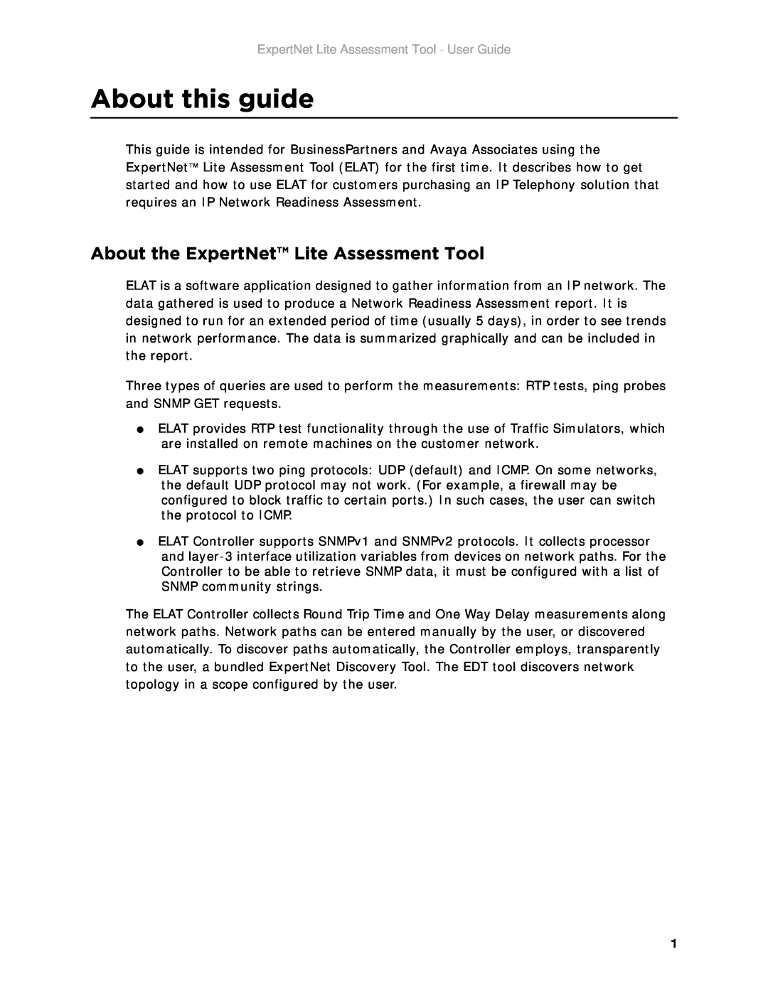 Avaya ELAT manual About this guide, About the ExpertNet Lite Assessment Tool, ExpertNet Lite Assessment Tool - User Guide 