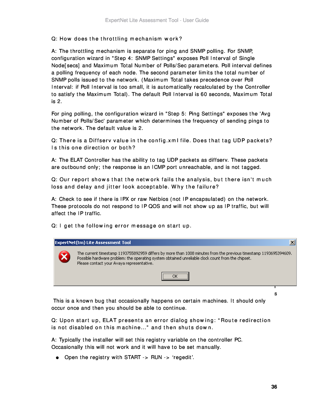 Avaya ELAT manual Q How does the throttling mechanism work?, Q I get the following error message on start up 