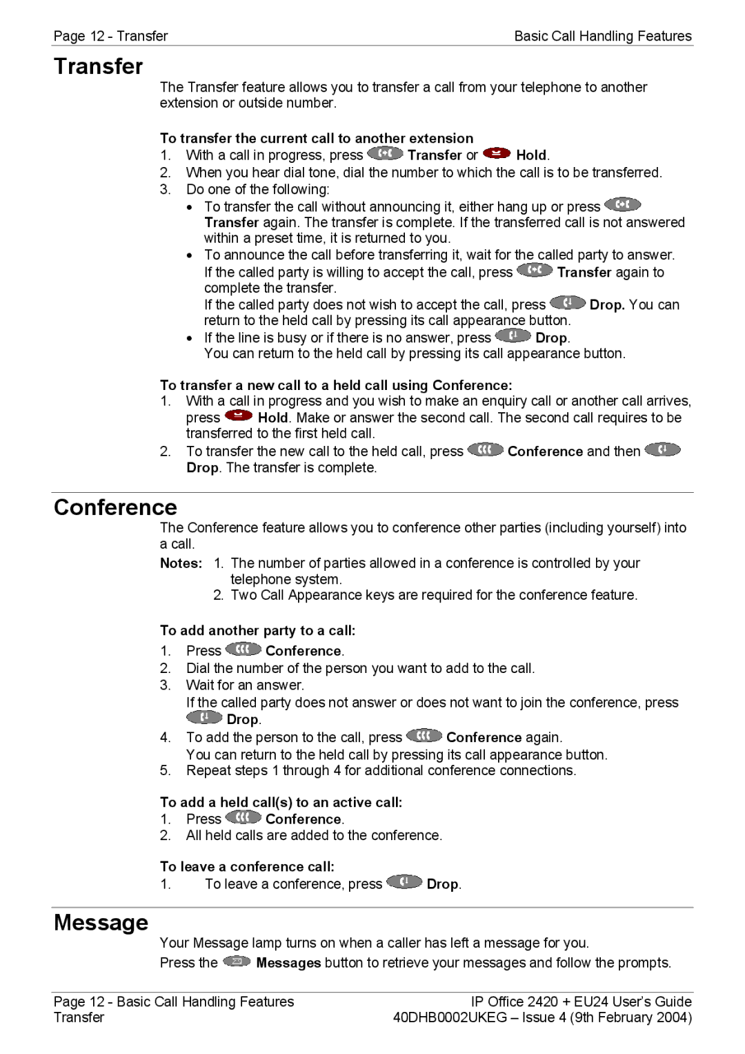 Avaya EU24, 2420 manual Transfer, Conference, Message 