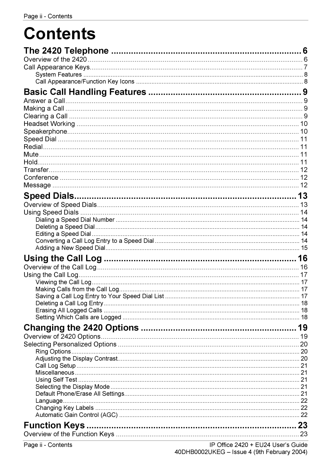 Avaya EU24, 2420 manual Contents 