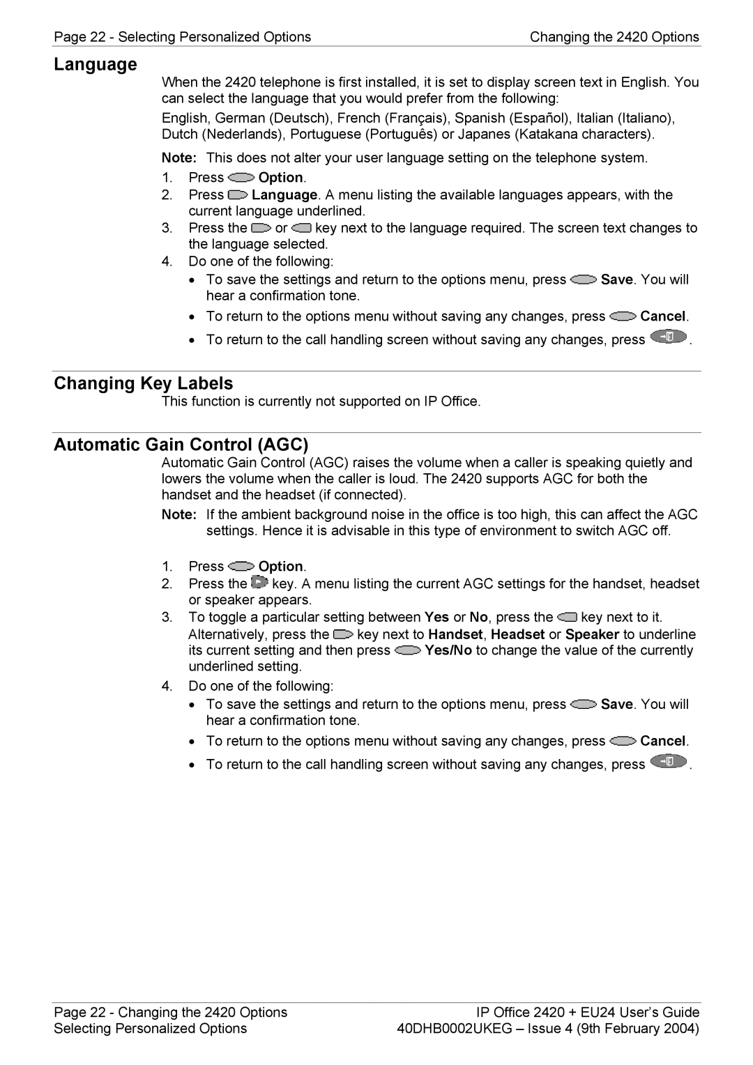 Avaya EU24, 2420 manual Language, Changing Key Labels, Automatic Gain Control AGC 