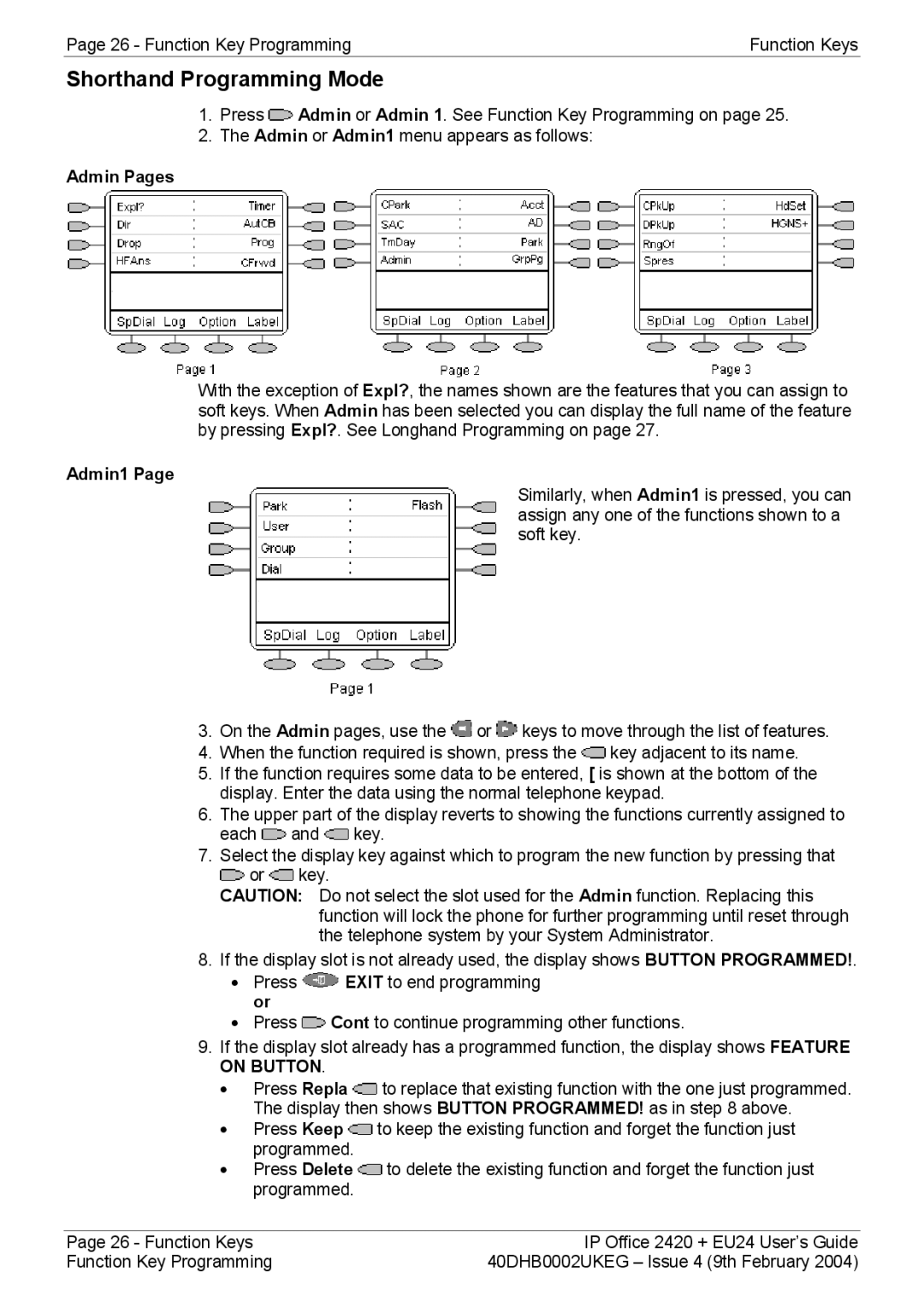 Avaya EU24, 2420 manual Shorthand Programming Mode, Admin Pages, Admin1 