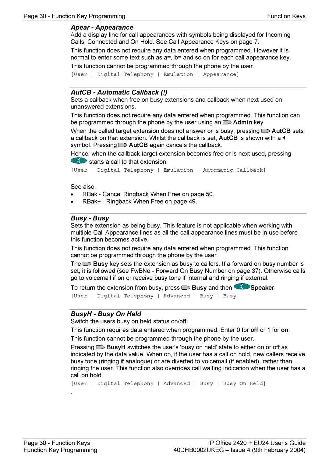 Avaya EU24, 2420 manual Apear Appearance, AutCB Automatic Callback, Busy Busy, BusyH Busy On Held 