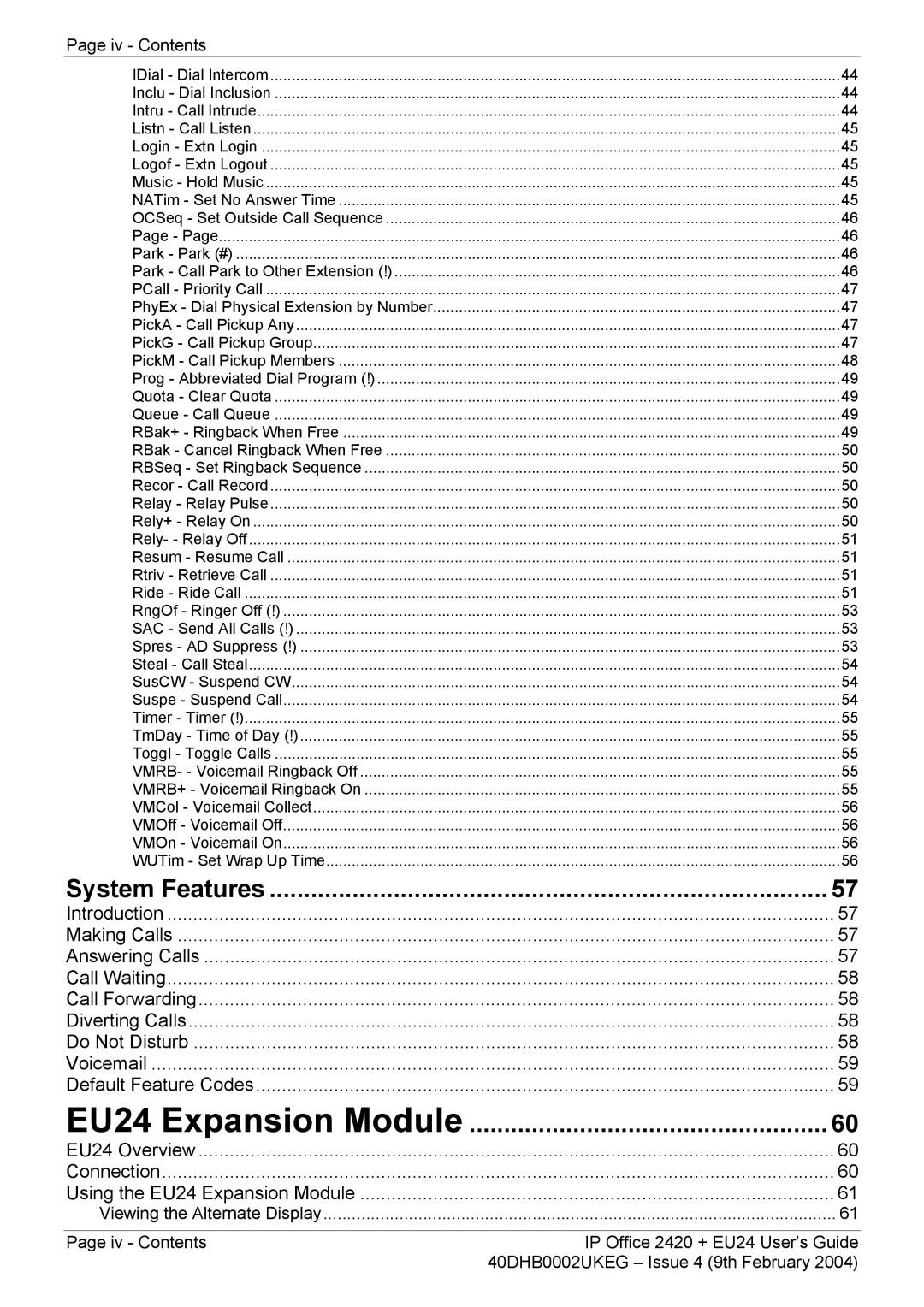 Avaya EU24, 2420 manual Iv Contents 