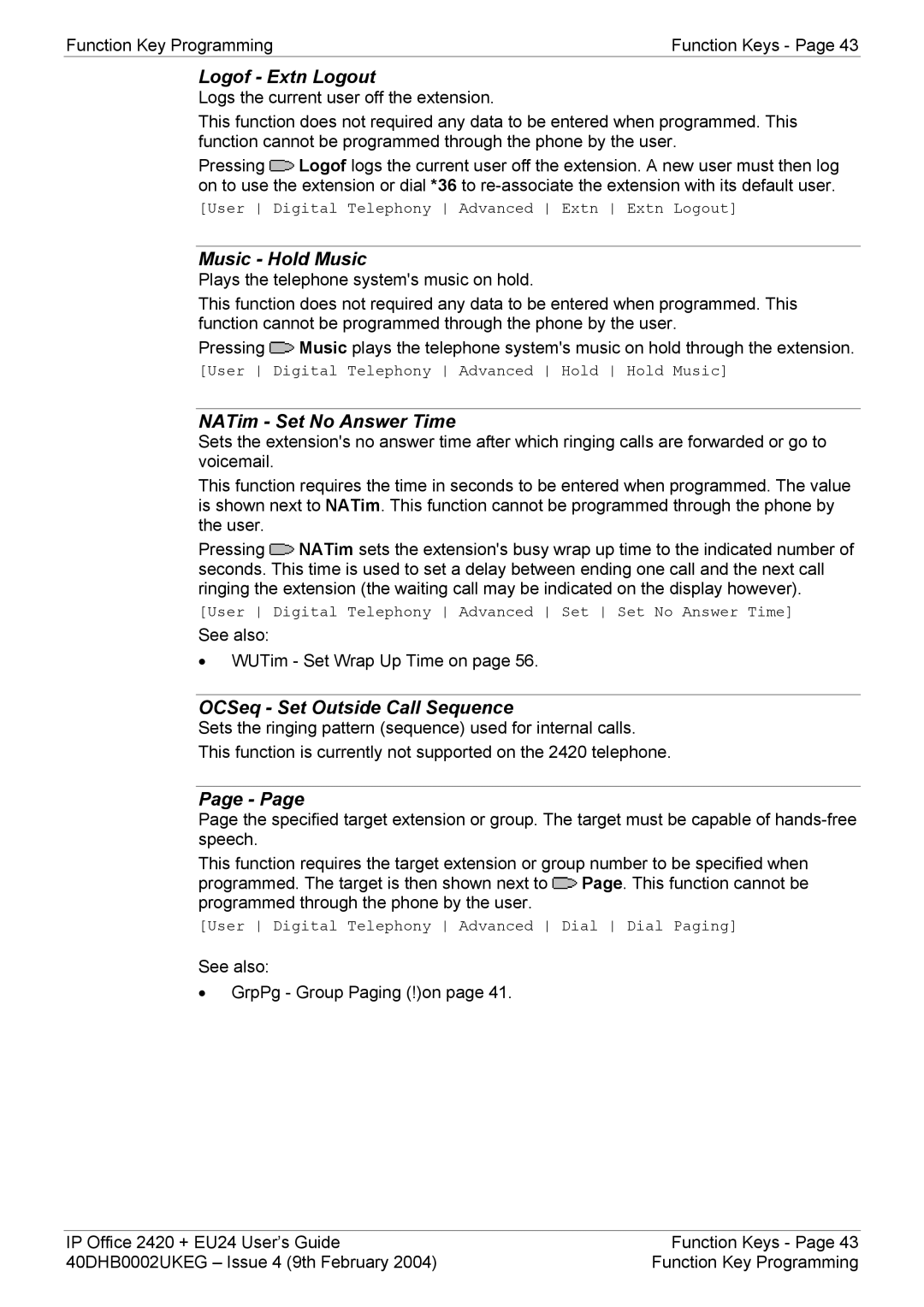 Avaya 2420, EU24 manual Logof Extn Logout, Music Hold Music, NATim Set No Answer Time, OCSeq Set Outside Call Sequence 