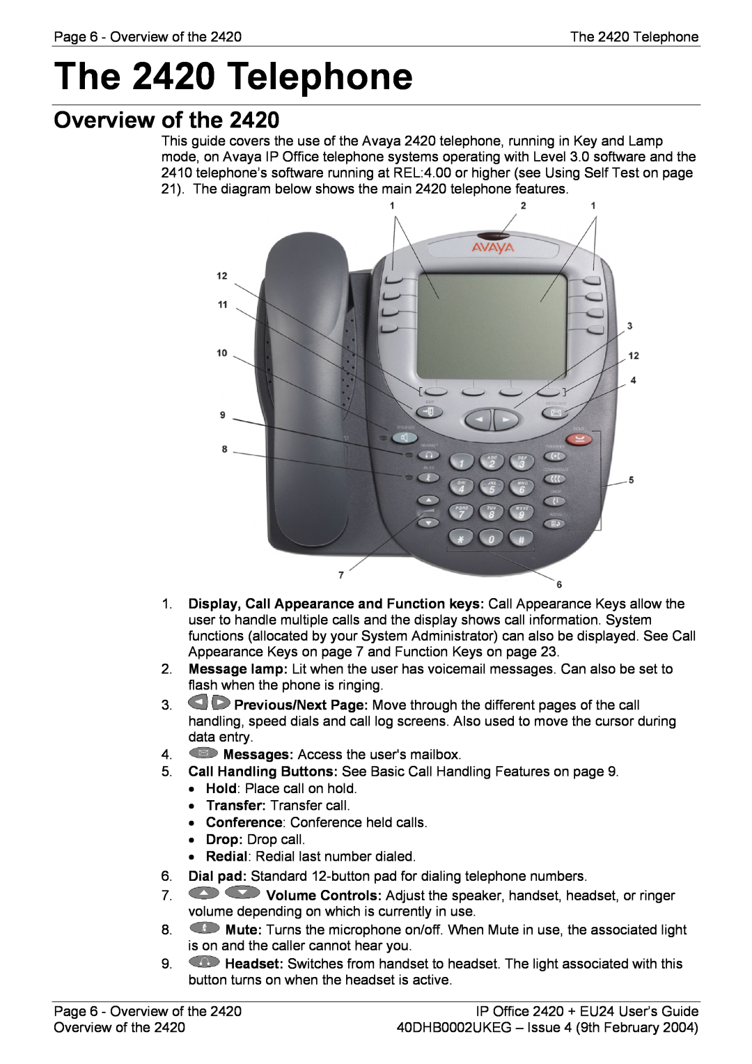 Avaya EU24 manual The 2420 Telephone, Overview of the 