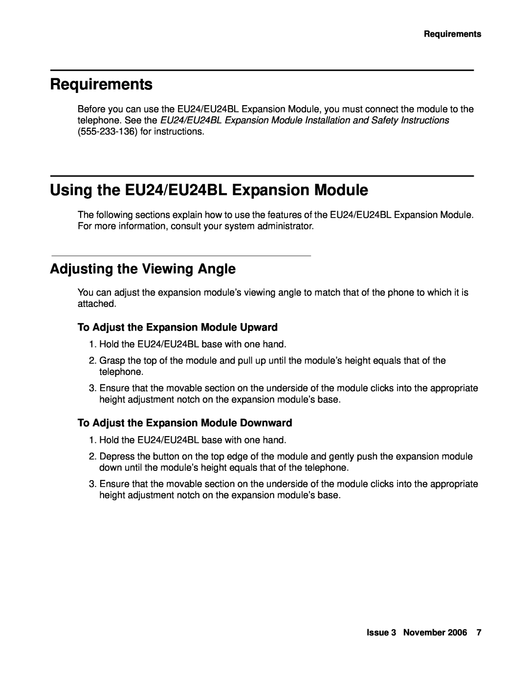 Avaya manual Requirements, Using the EU24/EU24BL Expansion Module, Adjusting the Viewing Angle 