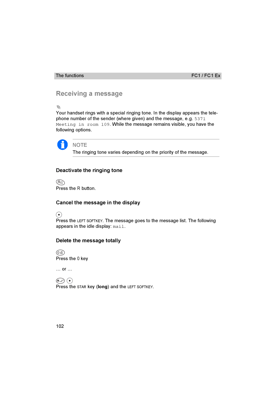 Avaya FC1 Receiving a message, Deactivate the ringing tone, Cancel the message in the display, Delete the message totally 