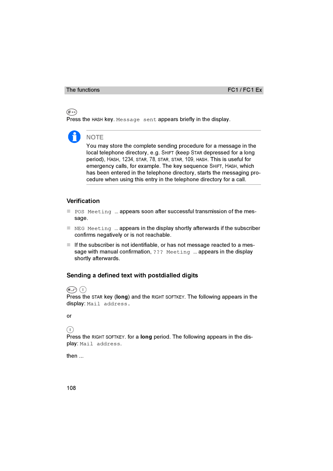 Avaya FC1 manual Verification, Sending a defined text with postdialled digits 