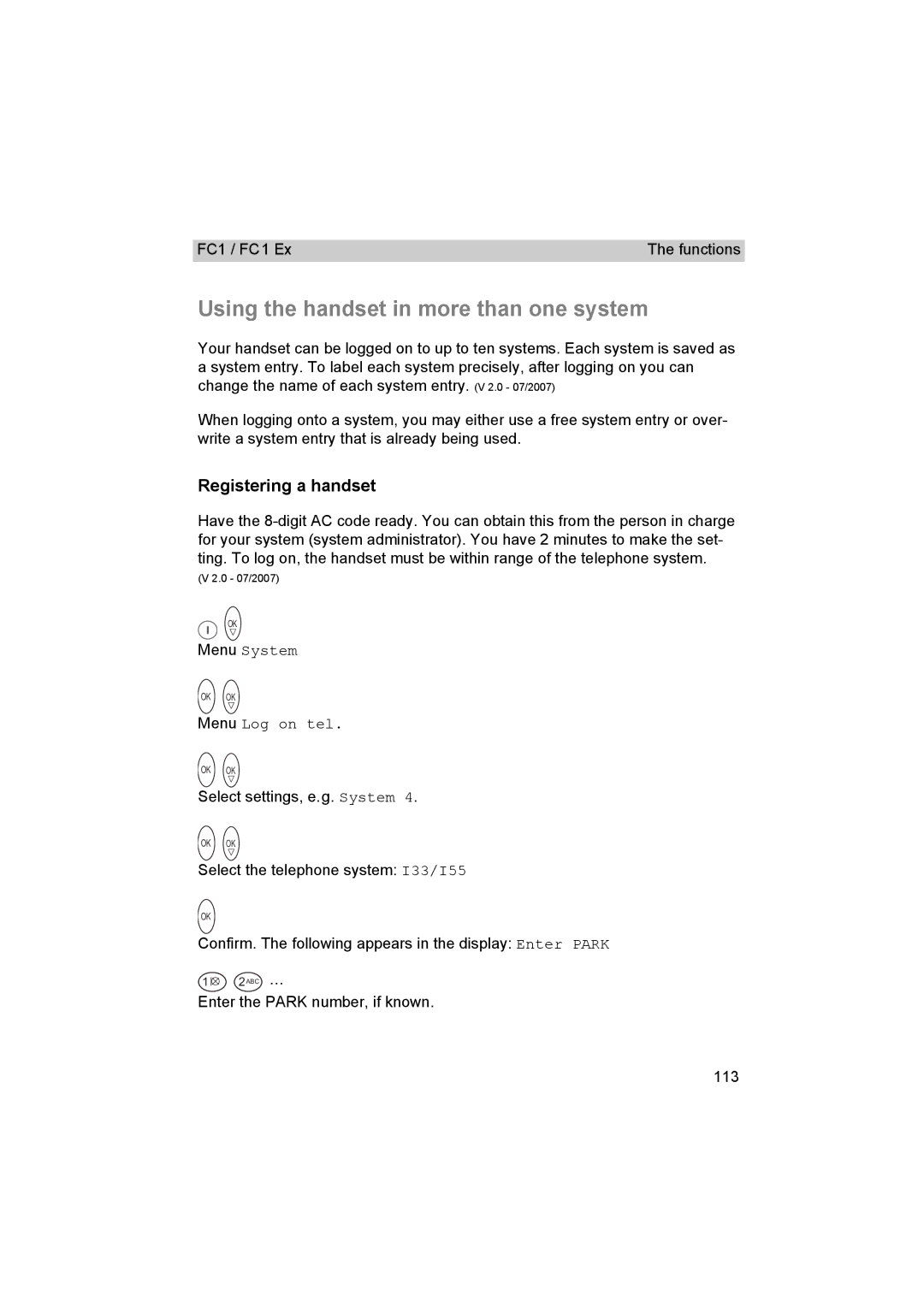 Avaya FC1 manual Using the handset in more than one system, Registering a handset, Menu System, Menu Log on tel 