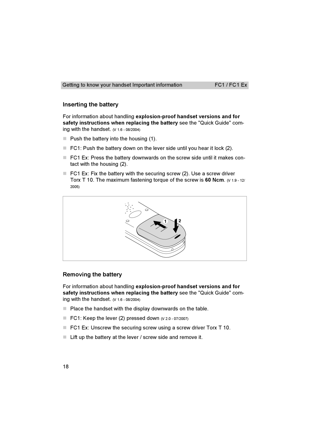 Avaya FC1 manual Inserting the battery, Removing the battery 