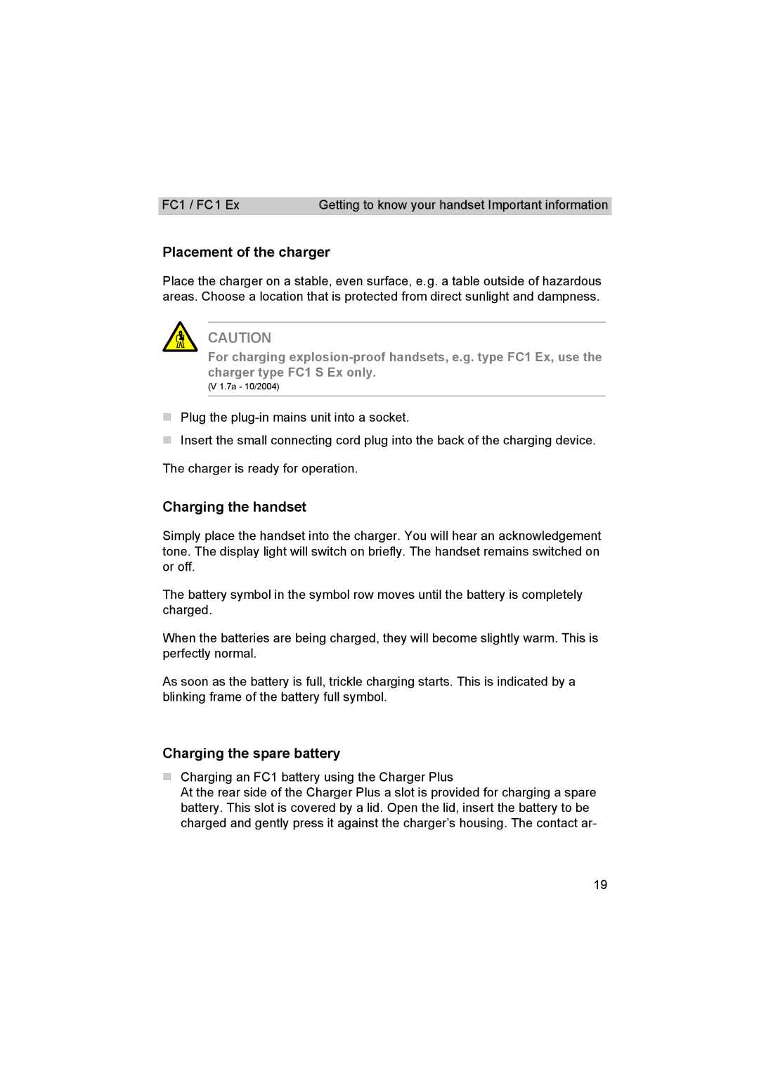 Avaya FC1 manual Placement of the charger, Charging the handset, Charging the spare battery 