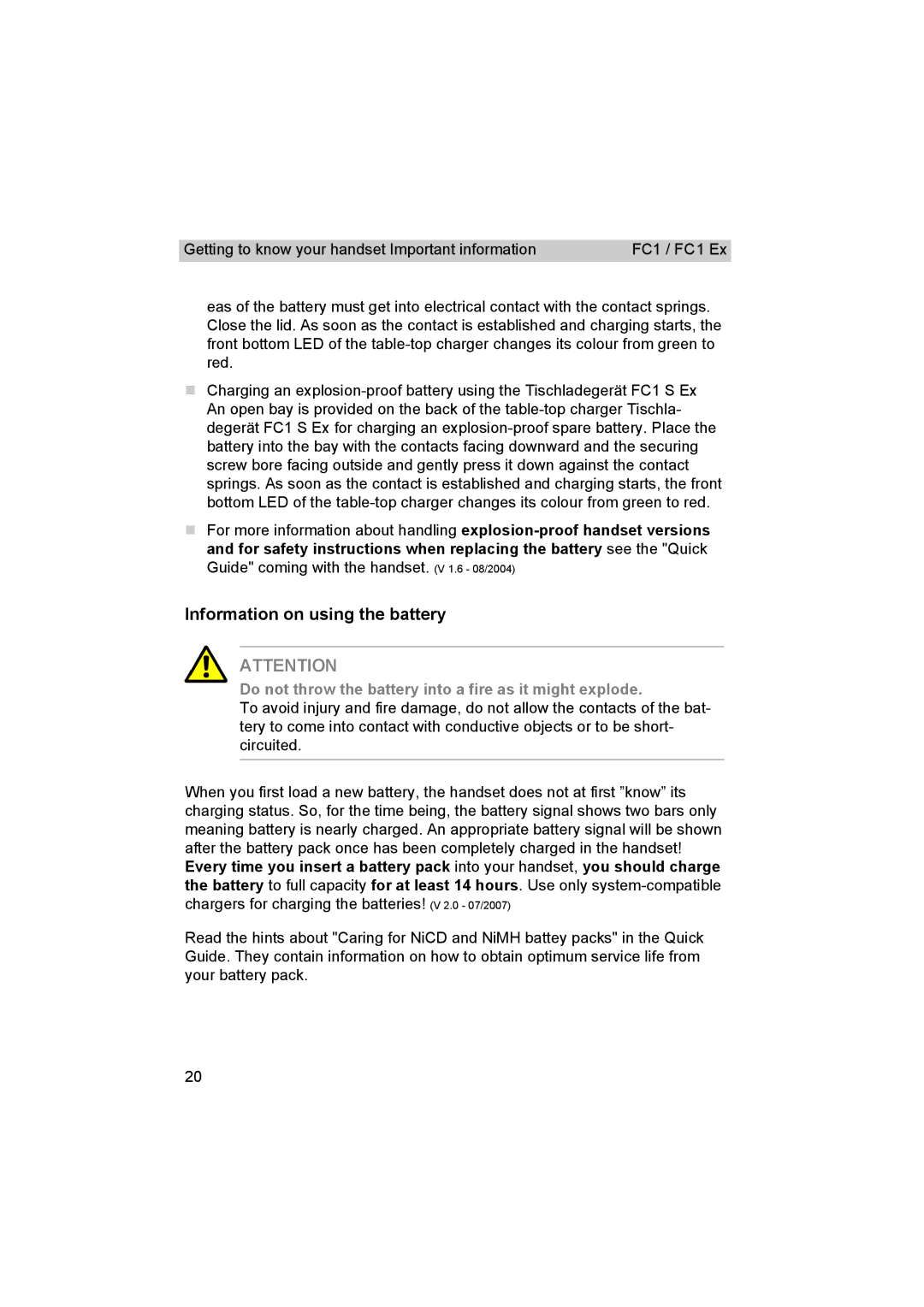 Avaya FC1 manual Information on using the battery, Do not throw the battery into a fire as it might explode 