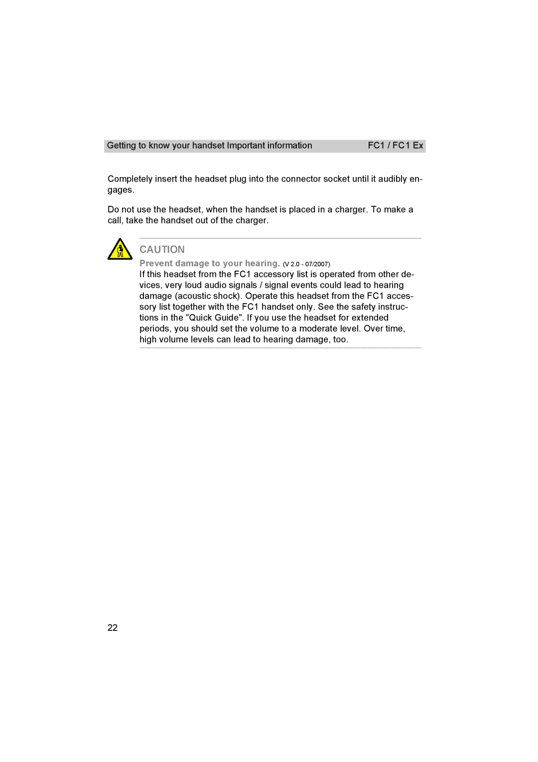 Avaya FC1 manual Prevent damage to your hearing. V 2.0 07/2007 