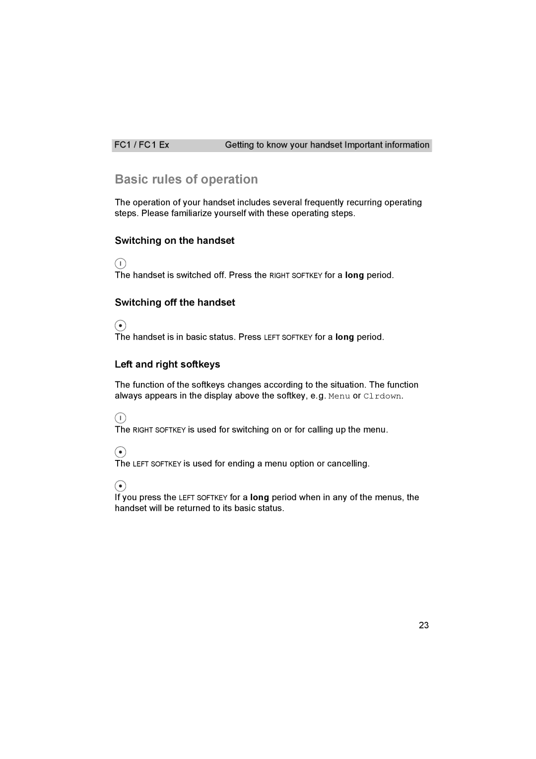 Avaya FC1 manual Basic rules of operation, Switching on the handset, Switching off the handset, Left and right softkeys 