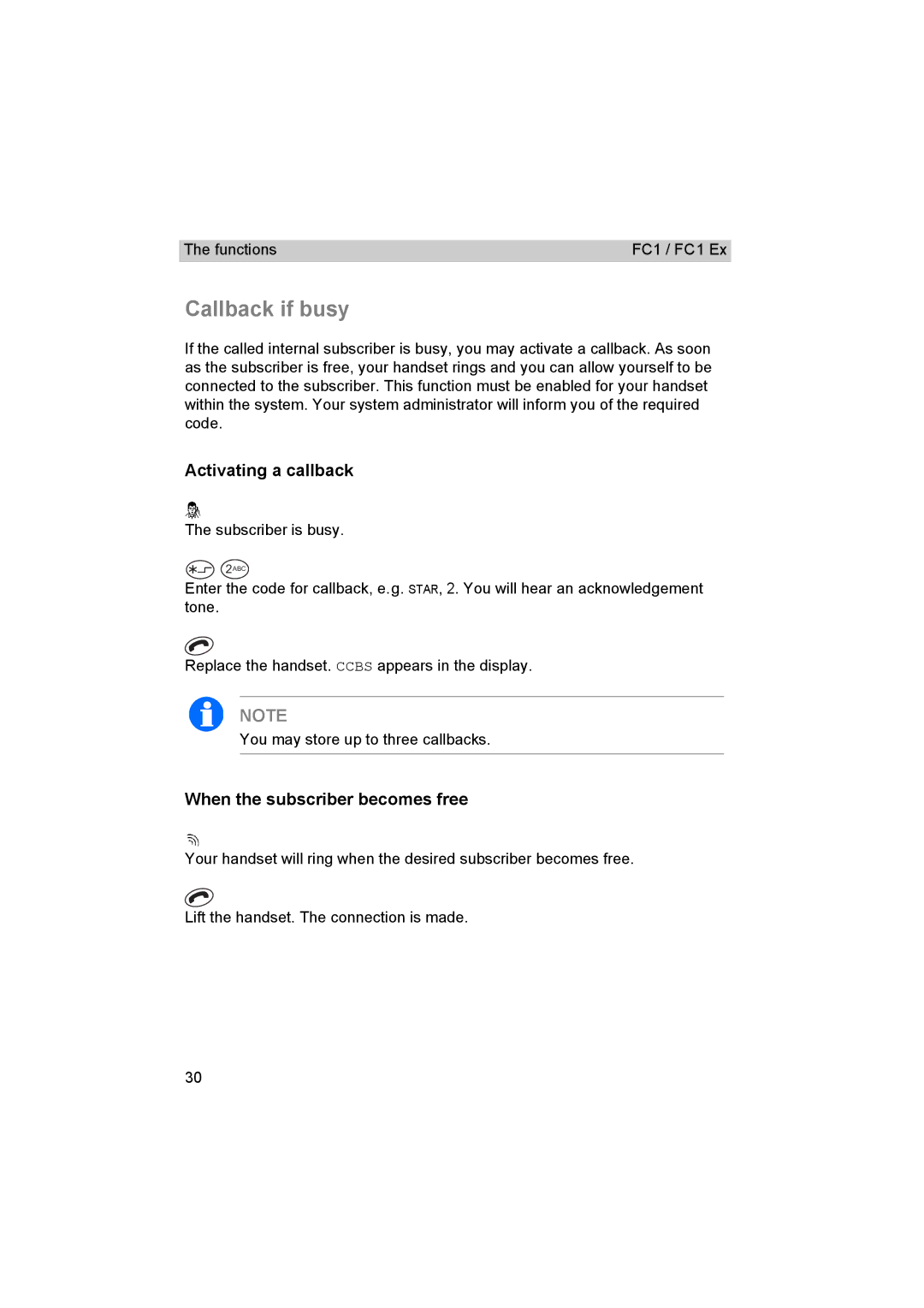 Avaya FC1 manual Callback if busy, Activating a callback, When the subscriber becomes free 