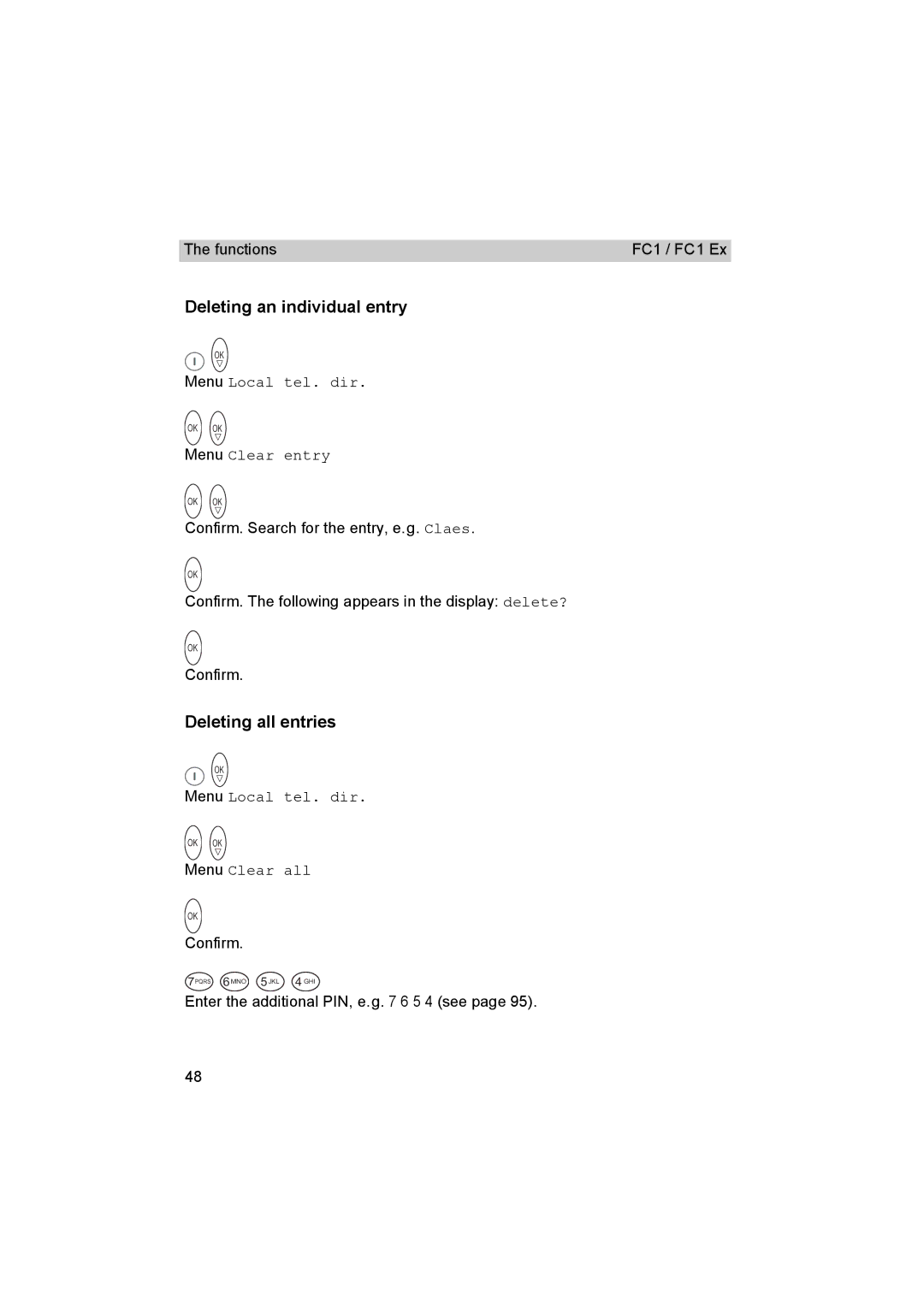 Avaya FC1 manual Deleting an individual entry, Deleting all entries, Menu Clear entry, Menu Clear all 