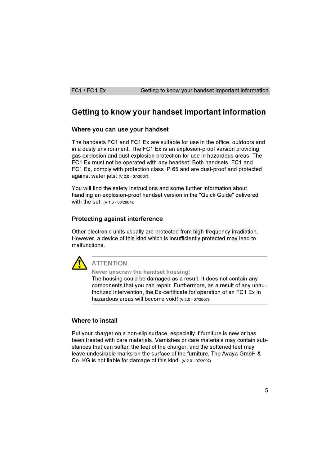 Avaya FC1 manual Where you can use your handset, Protecting against interference, Where to install 