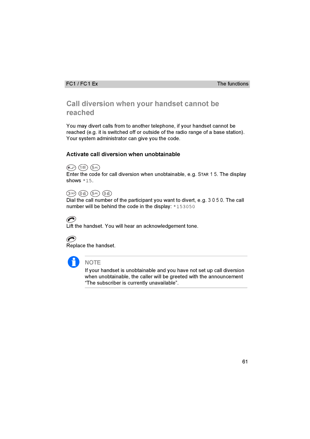 Avaya FC1 manual Call diversion when your handset cannot be reached, Activate call diversion when unobtainable 