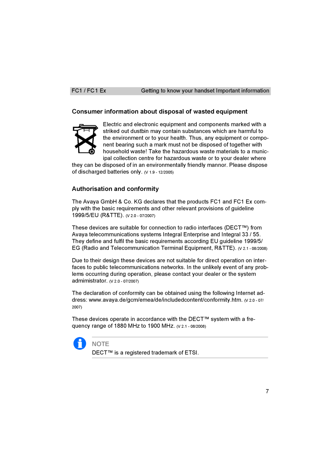 Avaya FC1 manual Consumer information about disposal of wasted equipment, Authorisation and conformity 