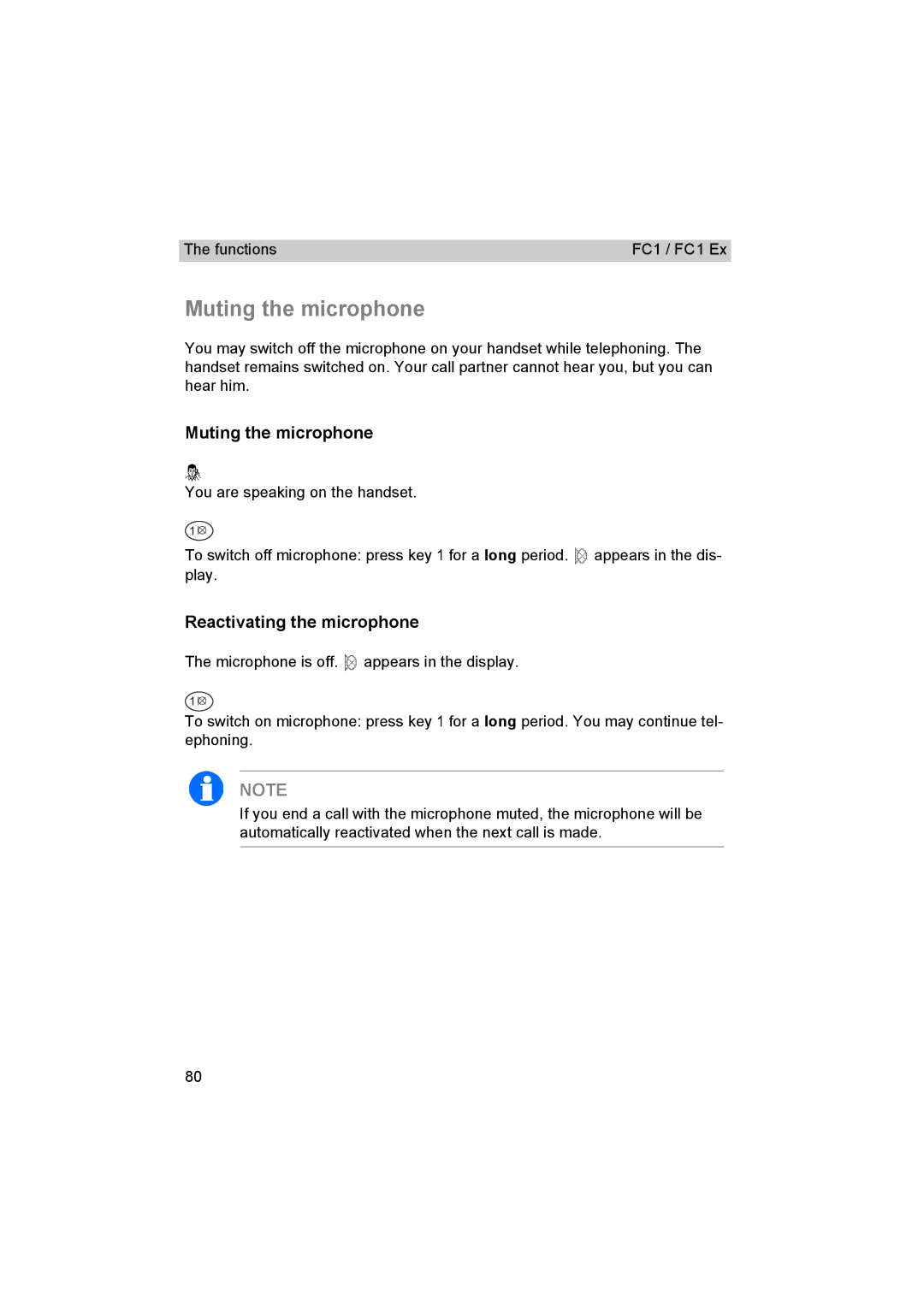 Avaya FC1 manual Muting the microphone, Reactivating the microphone 