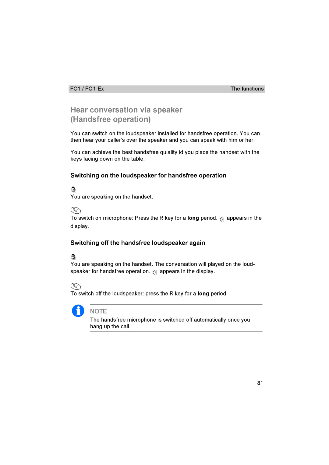 Avaya FC1 manual Switching on the loudspeaker for handsfree operation, Switching off the handsfree loudspeaker again 