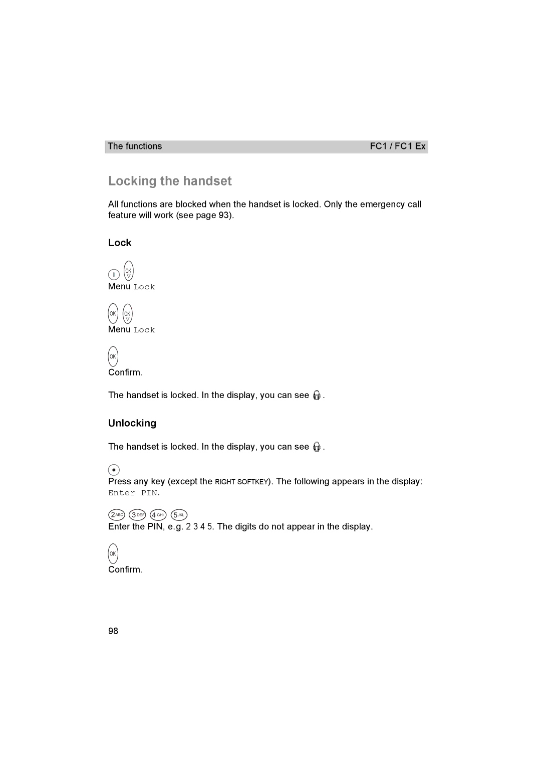 Avaya FC1 manual Locking the handset, Unlocking 