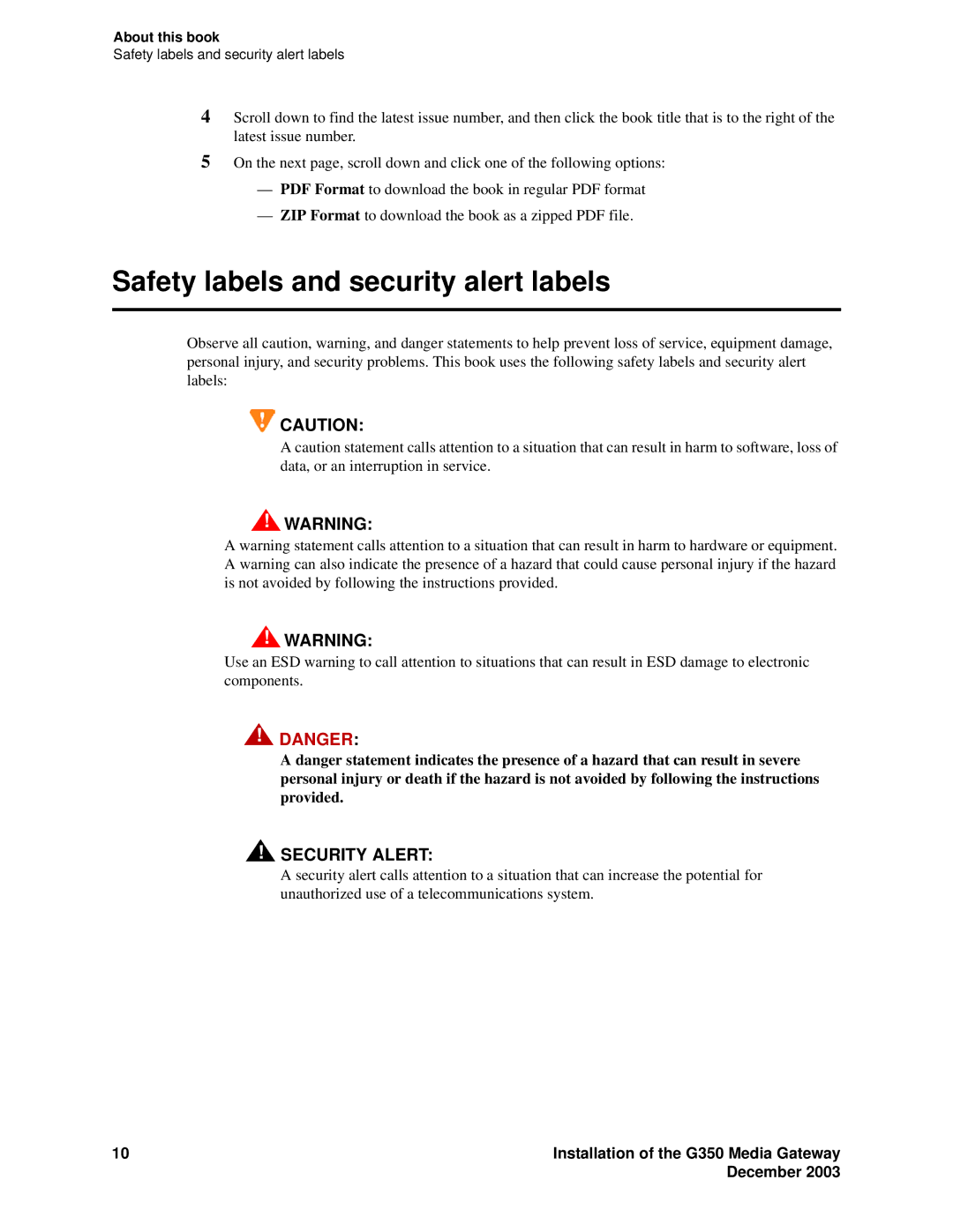 Avaya G350 manual Safety labels and security alert labels, Security Alert 