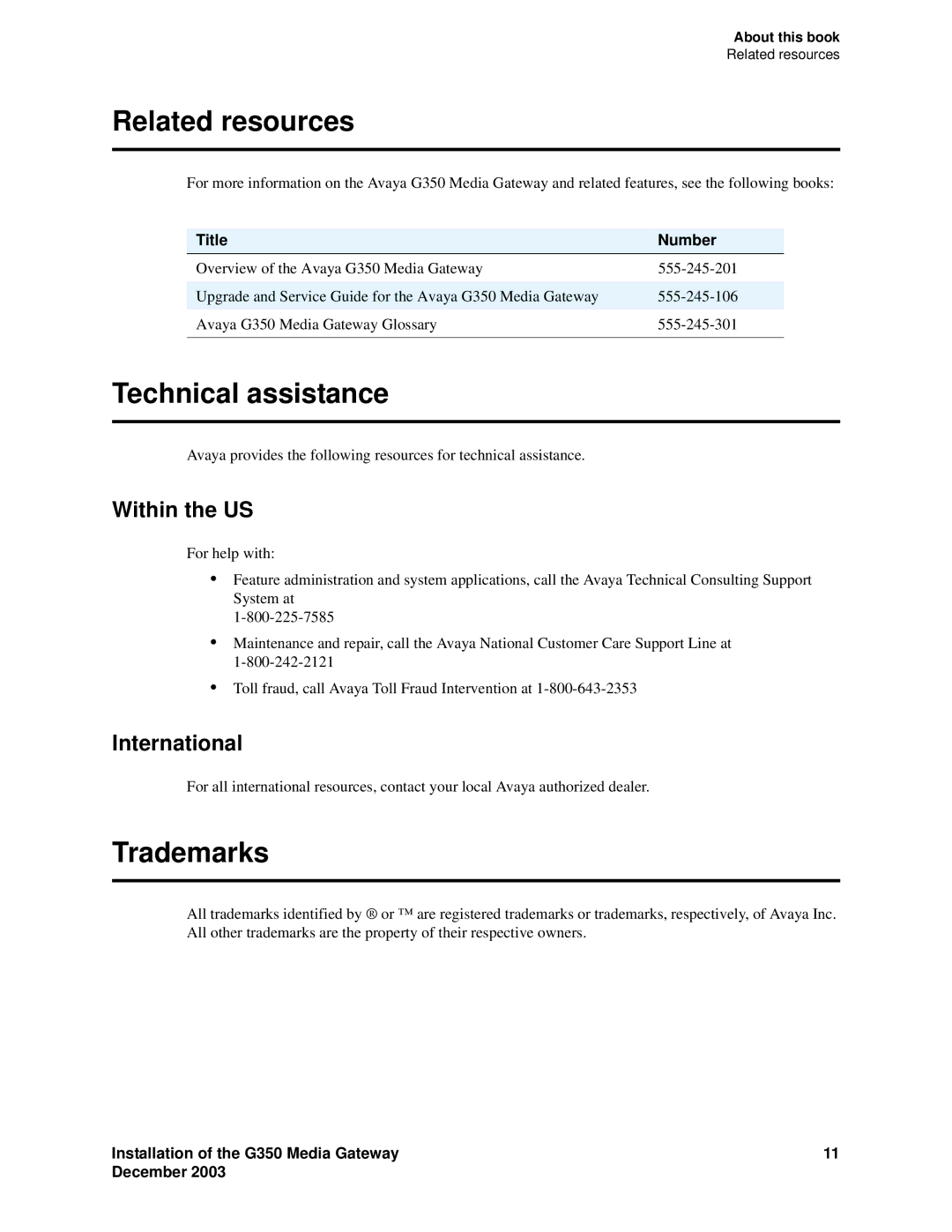 Avaya G350 manual Related resources, Technical assistance, Trademarks, Within the US, International 