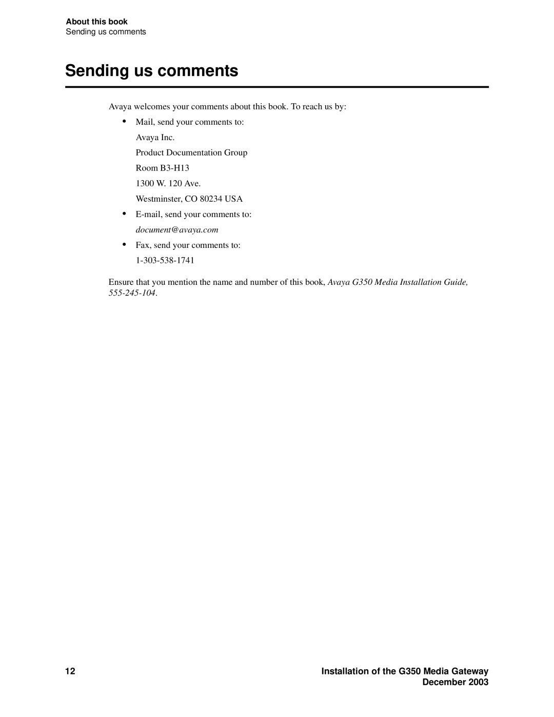 Avaya G350 manual Sending us comments 