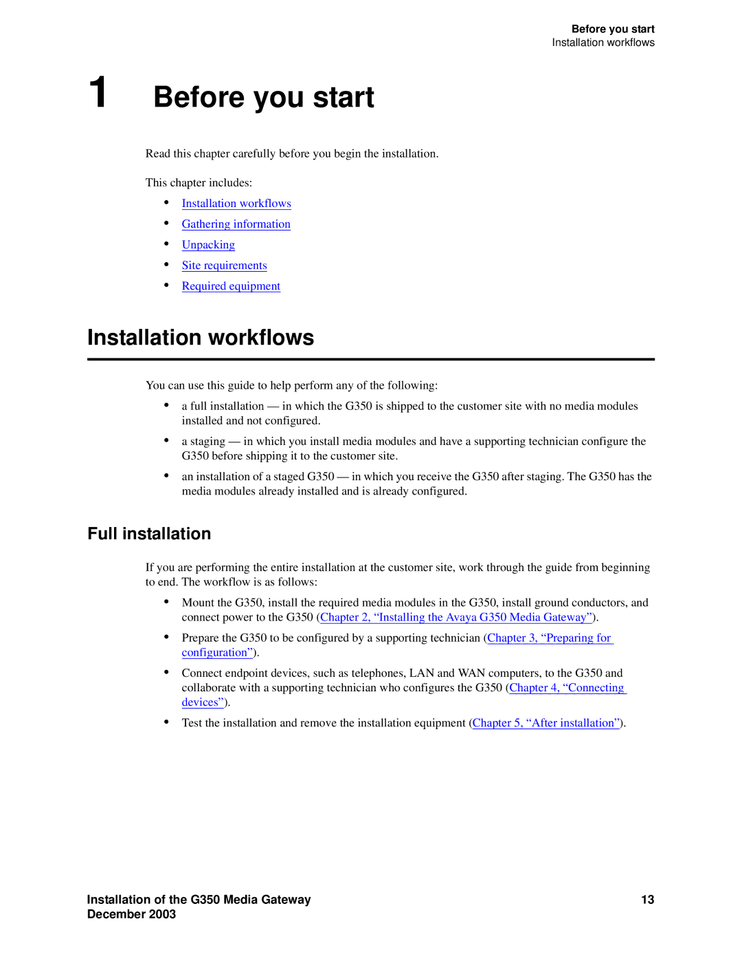 Avaya G350 manual Before you start, Installation workflows, Full installation 