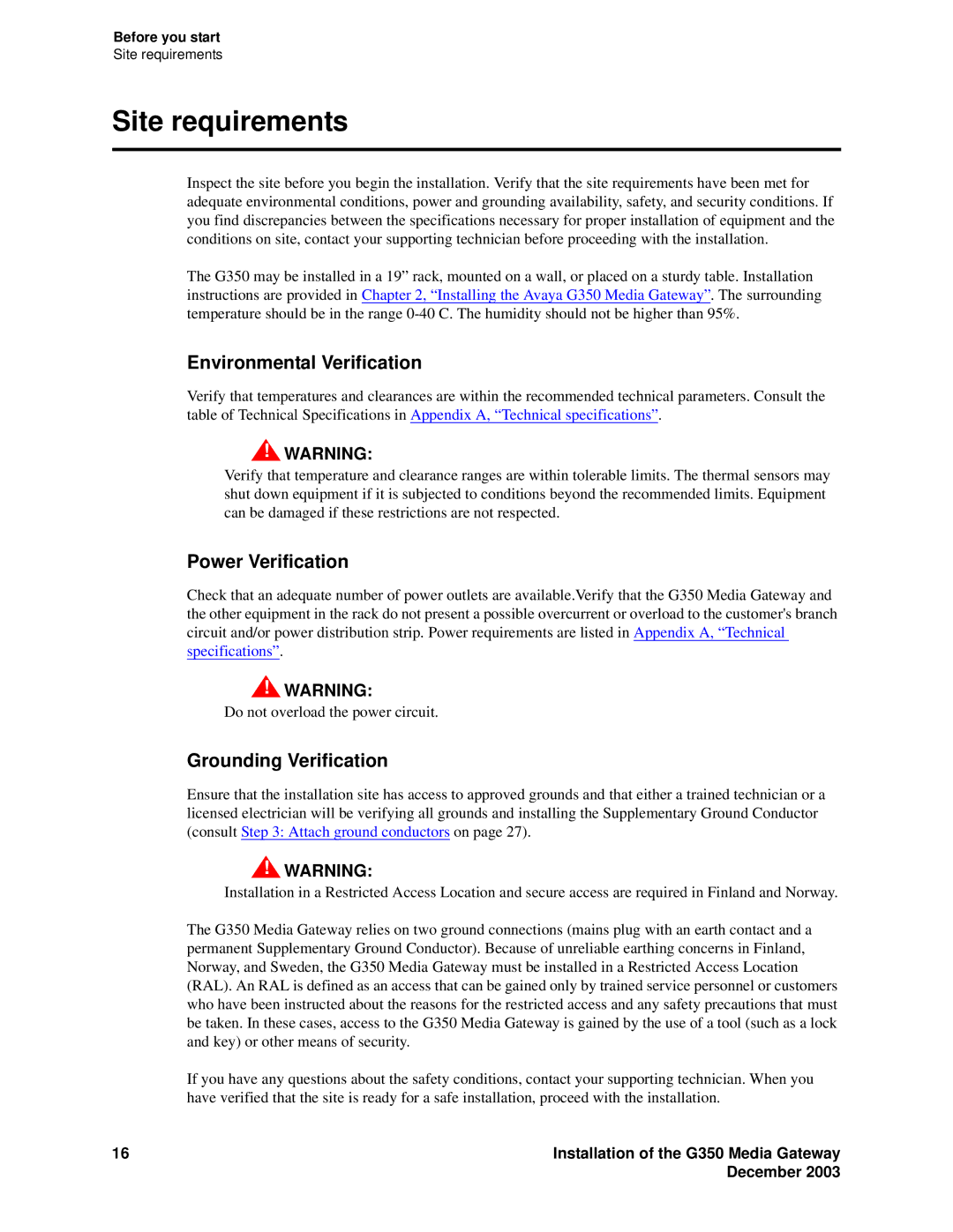 Avaya G350 manual Site requirements, Environmental Verification 