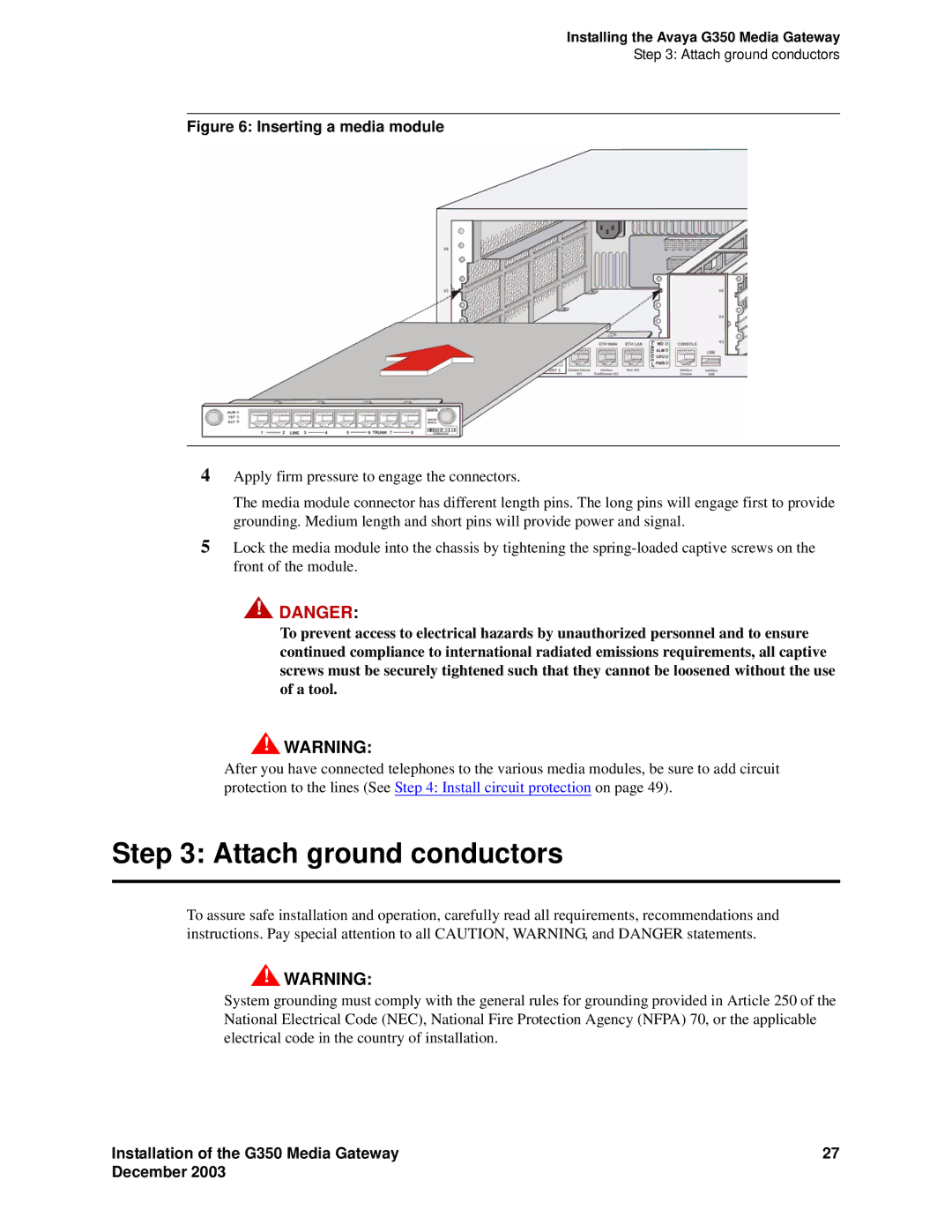 Avaya G350 manual Attach ground conductors, Inserting a media module 