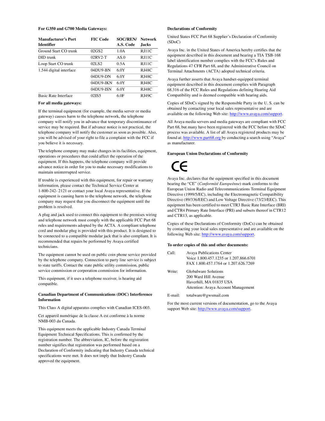 Avaya G350 manual Declarations of Conformity 